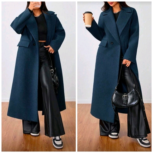 New Oversized Double Breasted Long Coat Jacket Navy Blue